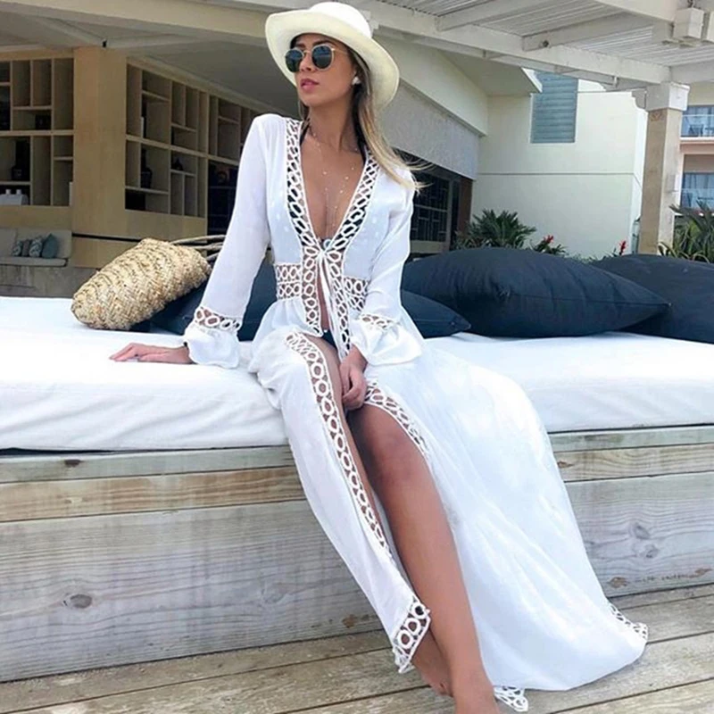 Fashion Drawstring White Cardigan Beach Maxi Dress Bikini Beachwear Cover Up