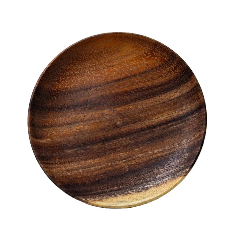 Hot Sales 10 inch Natural Wooden Steak Serving Plate Customized LOGO Wholesale Souvenir Round Acacia Wood Dinner Plate