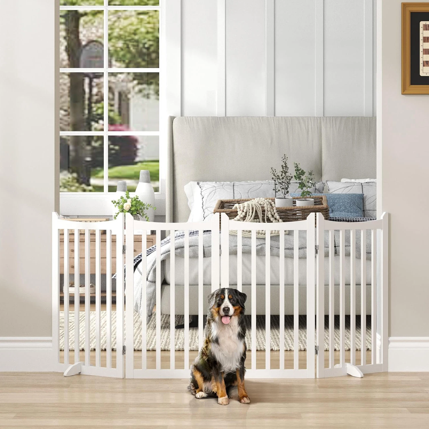 Extra Tall Freestanding Pet Gate 4-Panel Wooden Dog Fence with 2 Support Feet Folding Dog playpen