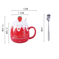 Cute Strawberry Fruit Embossed Ceramic Mug with Lid Spoon Milk Cup Large Capacity Coffee Mug Porcelain Mug