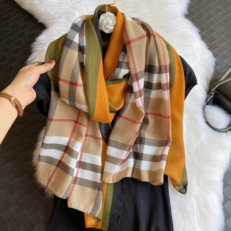 
Euro Luxury Brand Design Plaid Print Scarves Women Soft Shawls Wraps Cotton Head Wear Stole Blanket Viscose Muslim Hijab Scarves 