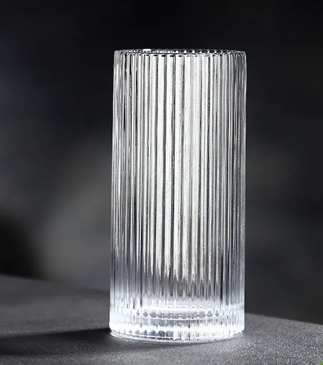 Vintage Vertical Striped Glass Cup Transparent Origami Style Ribbed Drinking Glasses