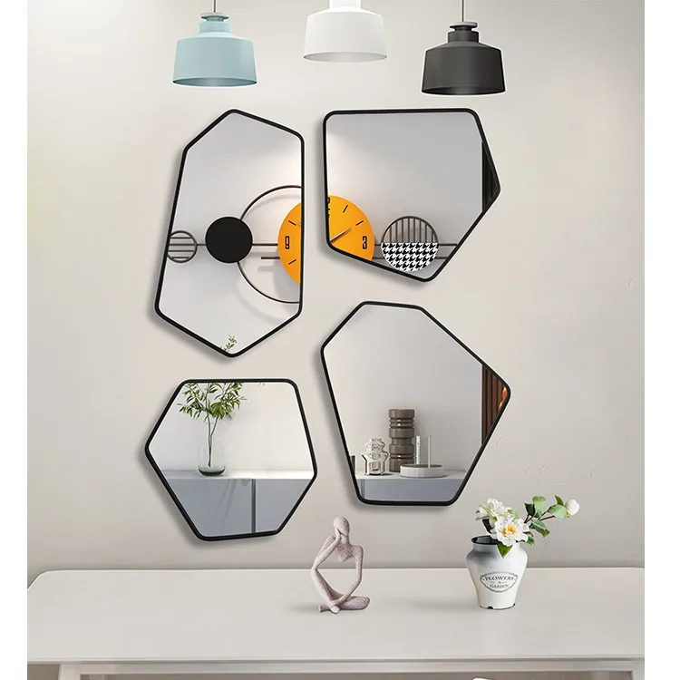 Custom Metal Frame Hexagonal Decor Mirror 4Pcs/Set Free Combination Vintage Luxury Wall Sticker Mirror