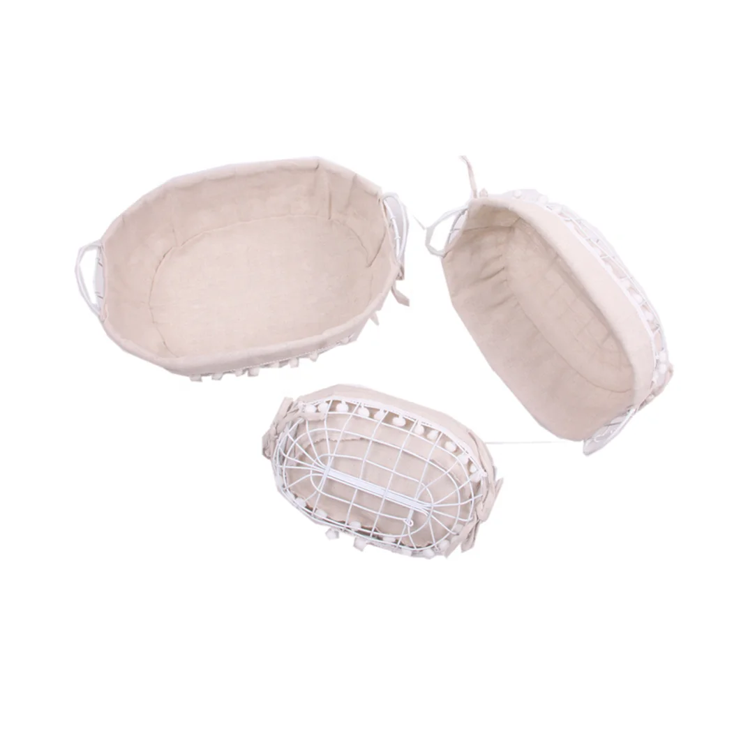 cheap power coated wholesale oval small bread wire baskets fruit basket with fabric liner set of 3