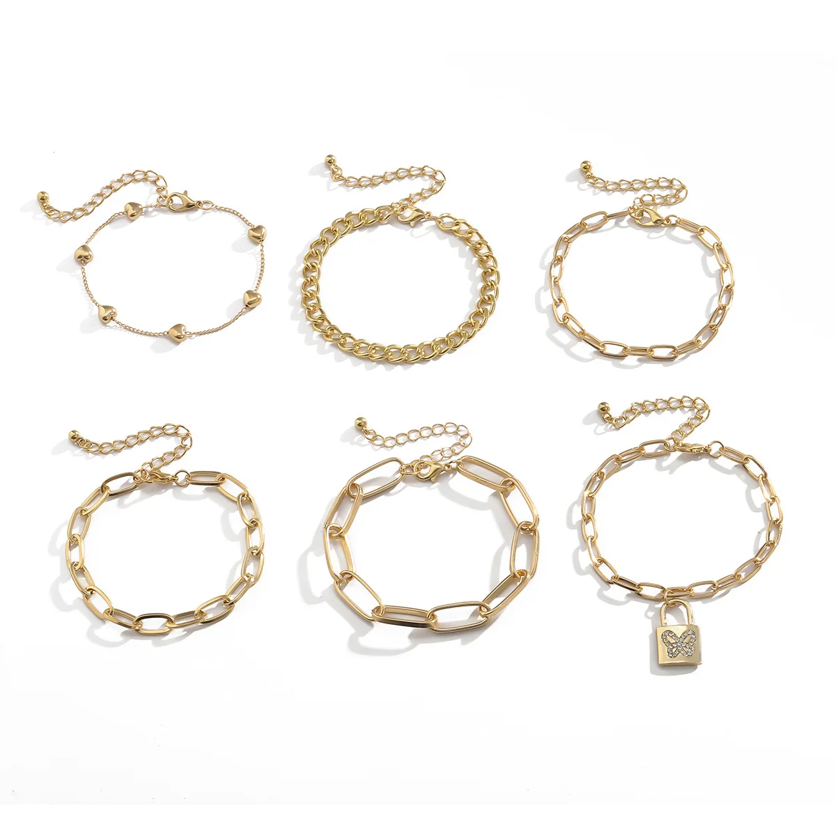  Golden Lucky Multilayer Handmade Peach Heart Cross Chain Inlaid With Diamond Butterfly Lock Bracelet Set