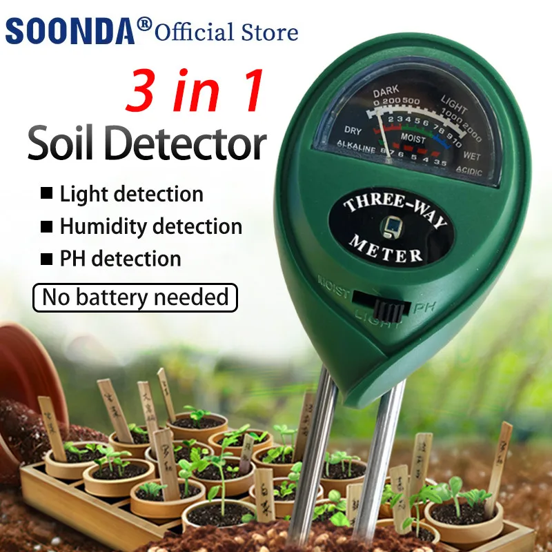 3 in 1 Soil Tester for Flowerpot Potted Plants Planting Soil Moisture Meter Soil PH Meter Illuminance meter No Battery Required