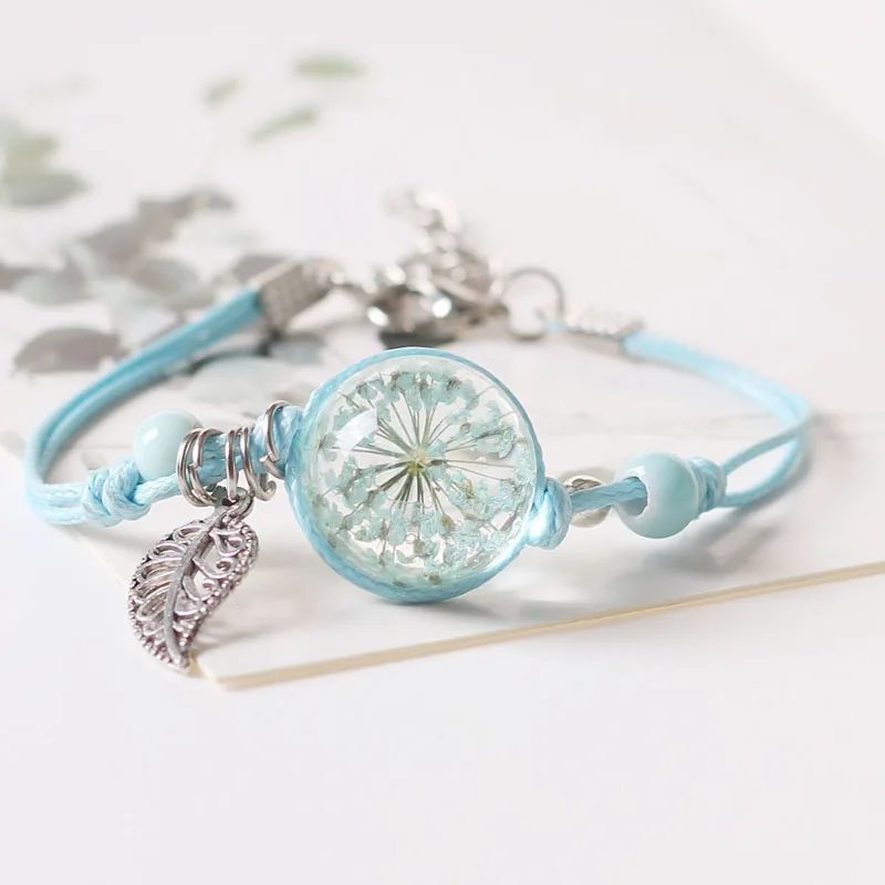 Handmade Rope Knot Braided with Ceramics Beads Natural Dried Flower Glass Ball Charms Bracelets