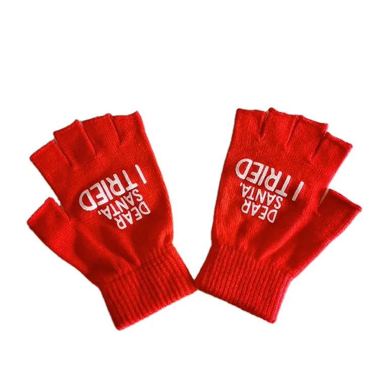 Горячая Распродажа, красные вязаные перчатки унисекс с напечатанным логотипом и вышивкой на заказ, акриловые вязаные перчатки с открытыми пальцами, вязаные перчатки без пальцев
