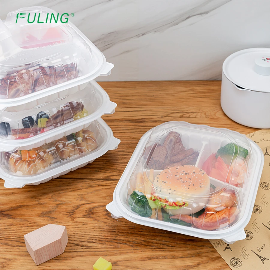 FULING Clamshell Take Out Food Containers Disposable To Go Containers 8 Inch 9 Inch 3-Compartment Heavy-Duty