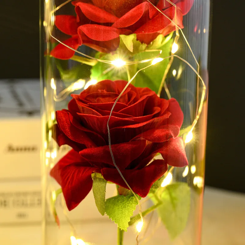 Valentines Day Gift Custom Artificial Flowers Glass Cover With Led Lights Rose flowers In Glass Dome
