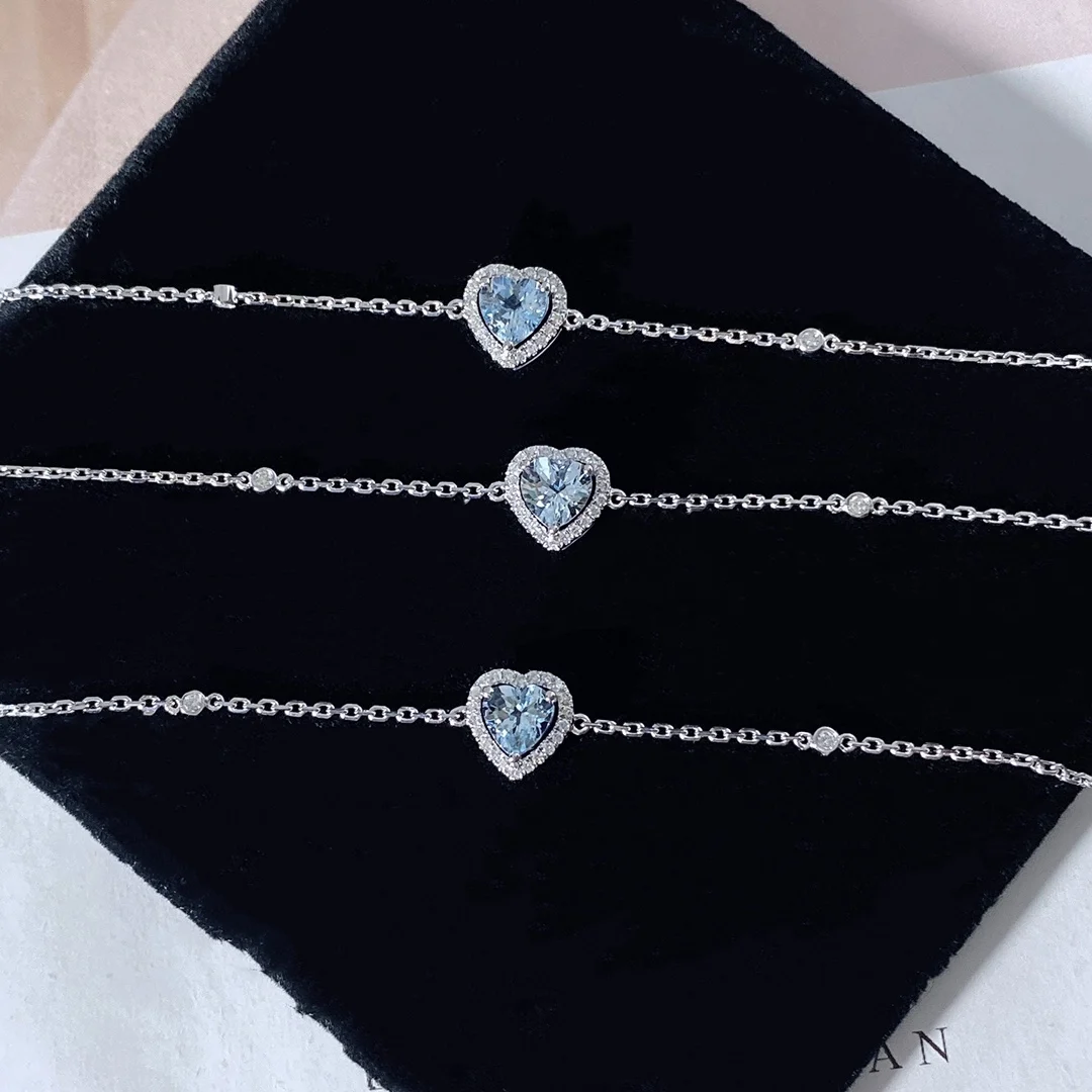 Xinfly 18k Solid White Gold Woman Diamond Aquamarine Gemstone Heart Charm Bracelet