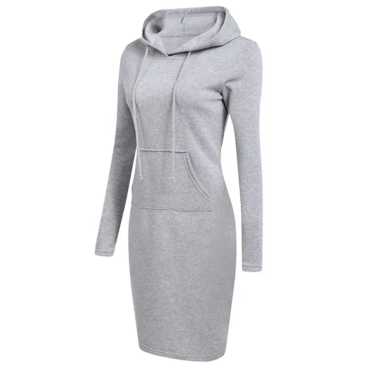 Wholesale Autumn Women Casual Long Sleeve Drawstring Hoodie Sweater Dress With Pocket