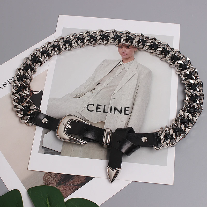 Высококачественный модный двухслойный пояс из натуральной кожи с цепочкой для женщин