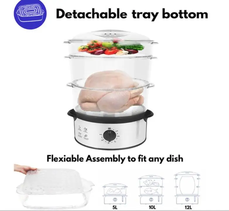 
Chinese mainland 3 layer stainless steel 12L electric home food steamer cooker with bpa free 