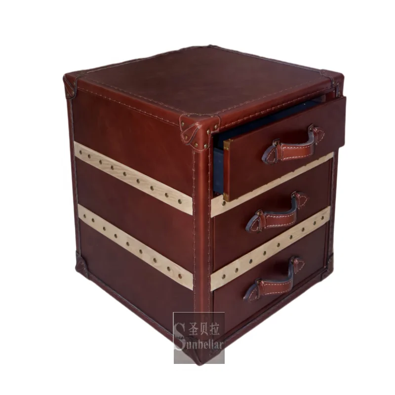 vintage genuine leather bedside night stand with 3 drawer side table chests cabinet bedroom night stand home furniture