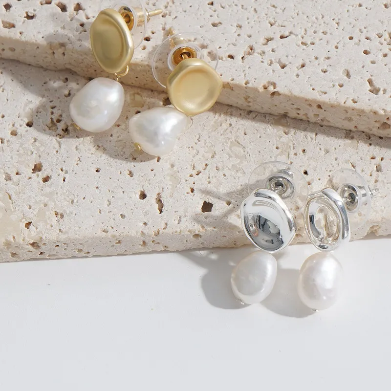 elegant geometric matte gold earrings natural freshwater pearl drop stud earring