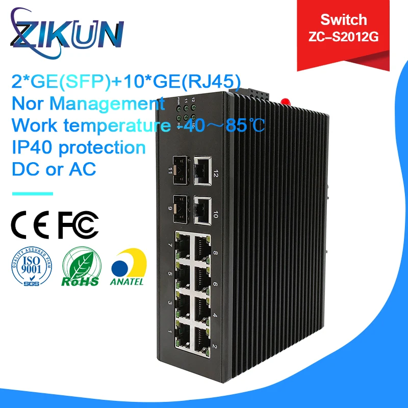 High Quality ZC-S2012G Nor Management Industrial Ethernet Switch 2*GE(SFP)+10*GE(RJ45)
