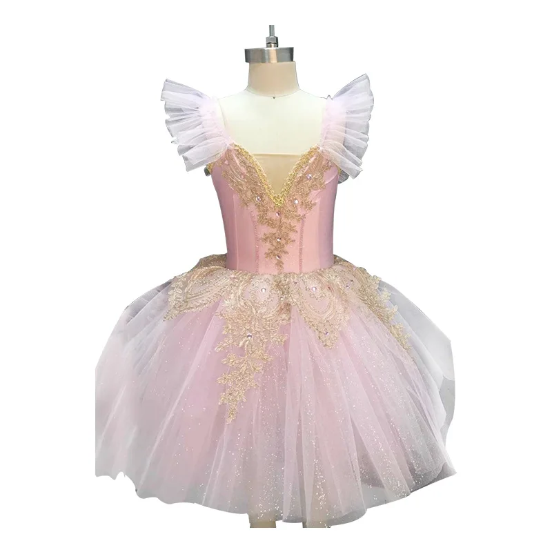 Stage Costumes Pink Puff Sleeves Long Romantic Ballet Dance Tutu Dresses Girls Performance Dance Wear Girls Dress
