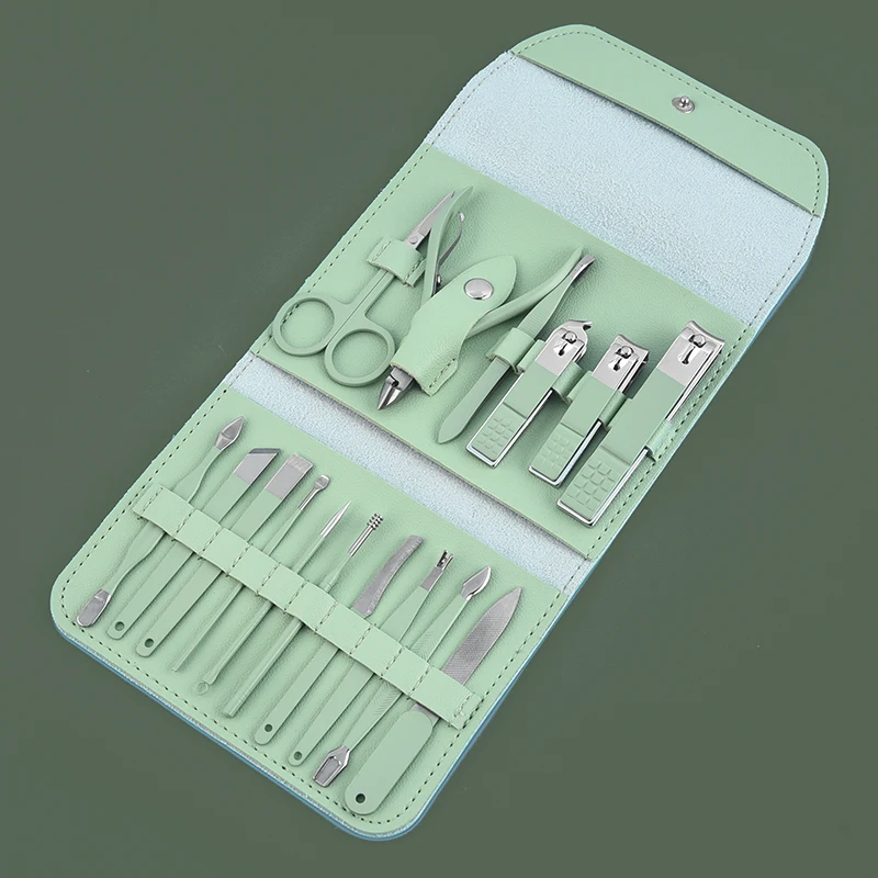 Wholesale Stainless Steel Green Manicure Set 16Pcs Pedicure Manicure Set Nail Care Tool With Pu Bag