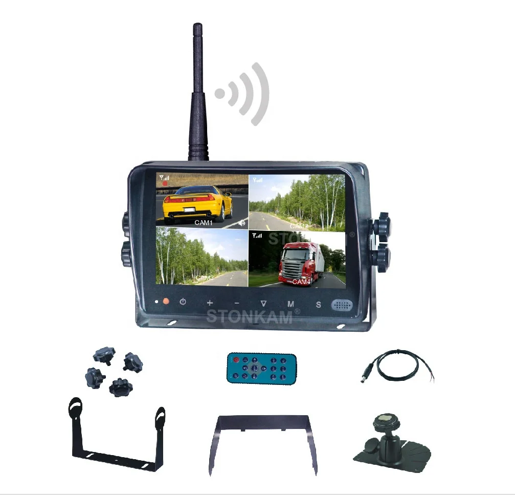 Rear view wireless camera monitor for car truck bus which support quad view and auto pairing