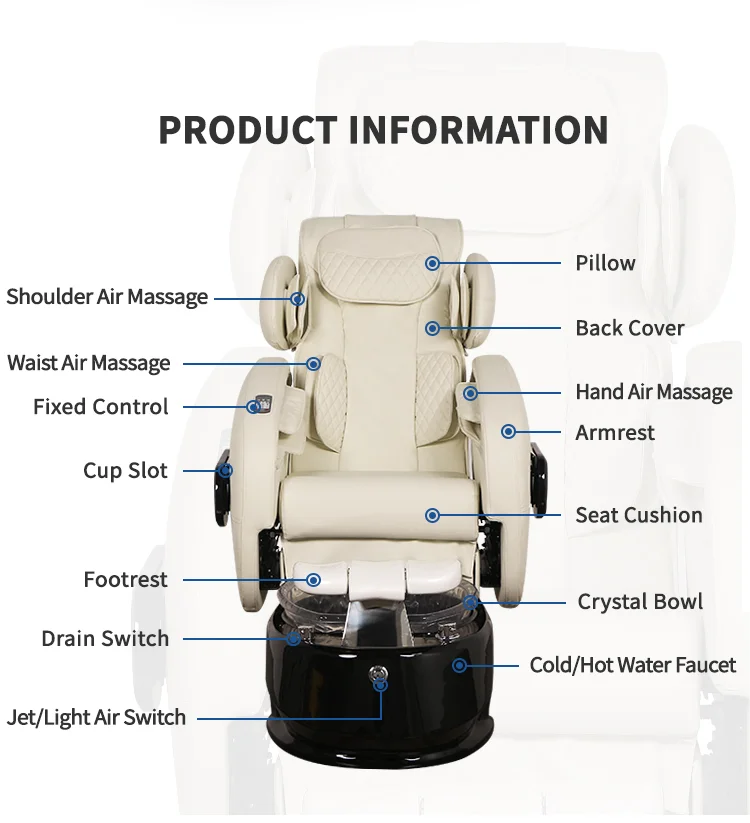 Modern Luxury Beauty Nail Salon Pipeless Whirlpool Foot Spa European Touch Massage Manicure Pedicure Chair
