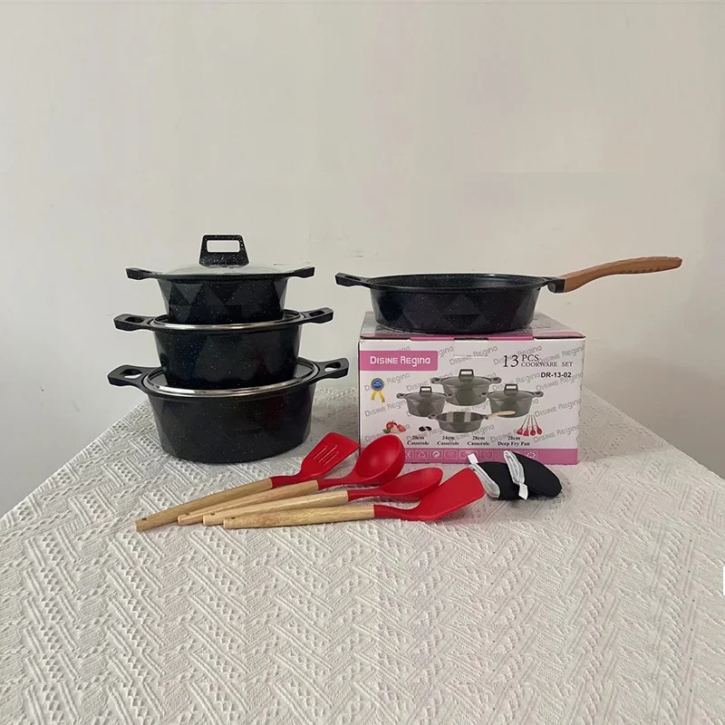 Disine Marble Granite Coating Casseroles& Fry Pan 13pcs Cast Cookware induction Cooker Spiral Bottom Big Diamond Surface