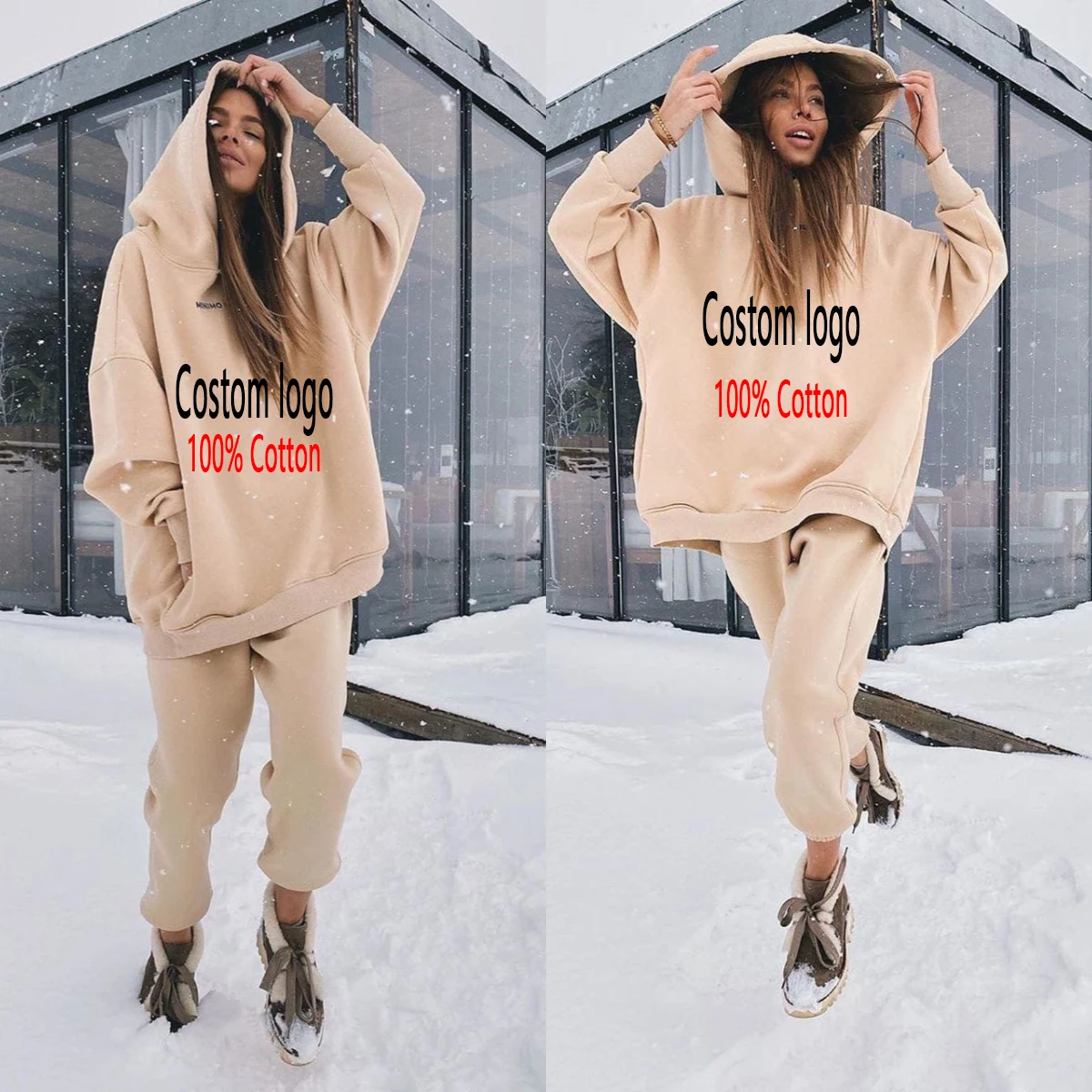 
100% cotton Custom Logo Tracksuit Crop Tops Hoodies and Jogging Sweatsuit 2 Piece Set Women Tracksuits for Women 