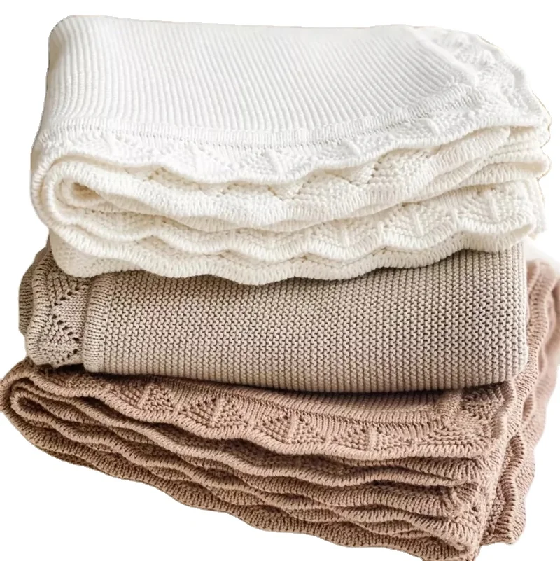 2023 Wholesale Winter Custom Super Soft Lovey Plain Hollow Cotton Crochet  Baby Knit Throw Blanket for Car Seat