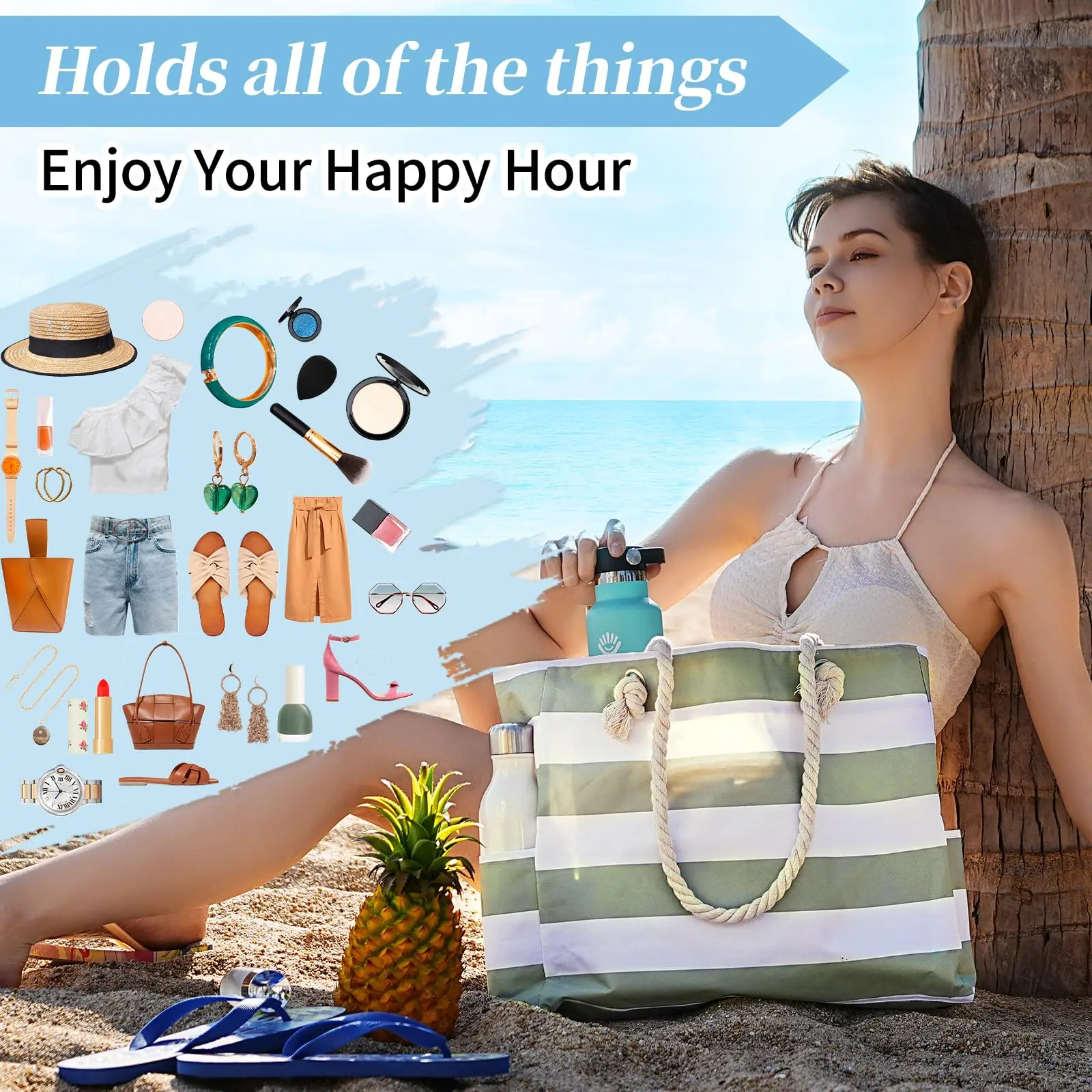 Waterproof Sand proof Beach Large Beach Swim with Zipper Stripe Beach Bag Tote Pool Swim Bag Travel Carry On Gym