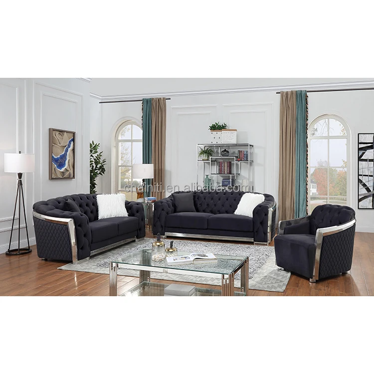 Modern Popular Beige Color Luxury Button Living Room Home Sofa Tufted Upholstered Stainless Steel Wooden Frame Sofa