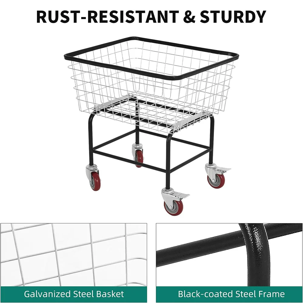 Wire Laundry Cart 2.5 Bushel, Rolling Laundry Basket with Wheels Commercial Wire Laundry Basket Cart with Galvanized