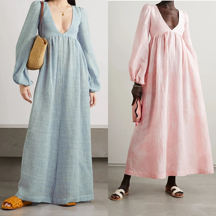 custom high end Summer european clothing OEM elegant vintage V-neck Maxi Ladies long sleeve Women dress casual 100% Linen Dress