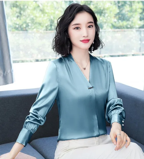 
V neck high quality long sleeve silk women shirts beautiful design Korea fashion office lady shirts OC31 