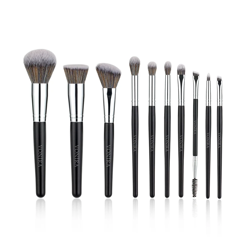 Vonira New Arrival 10pcs Silver Private Label Makeup Brushes Set Custom Logo Foundation Contour Eye Powder  Make up Tools Kit