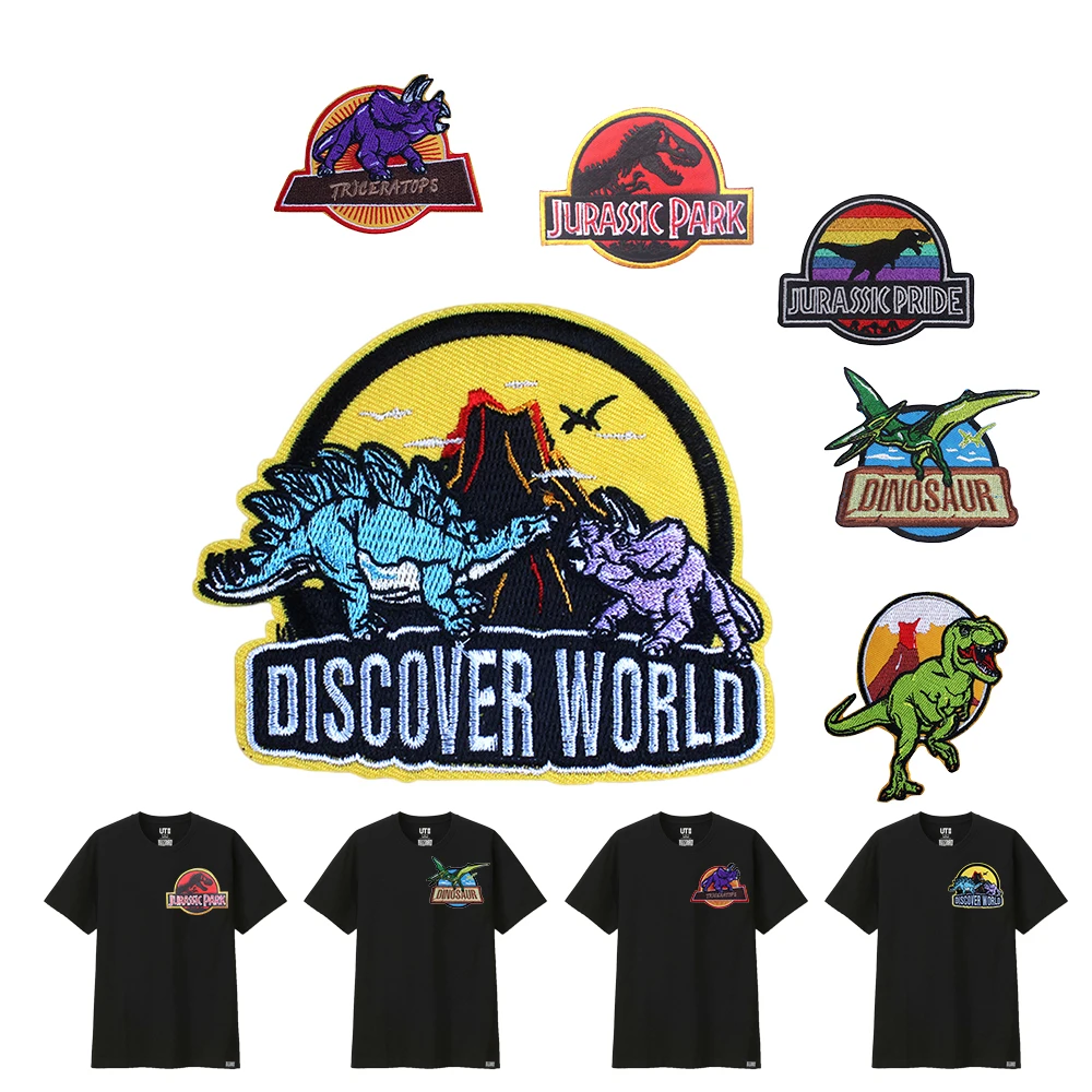 Fusible Embroidered Patches Fabric Sticker Applique Badge Clothes Hat Backpack Sewing Patchwork Jurassic Park World Dinosaur