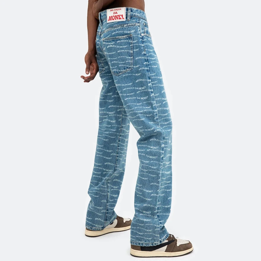 DiZNEW Full Over printed Custom Mens Cotton Pants Twill Denim Wash Jeans