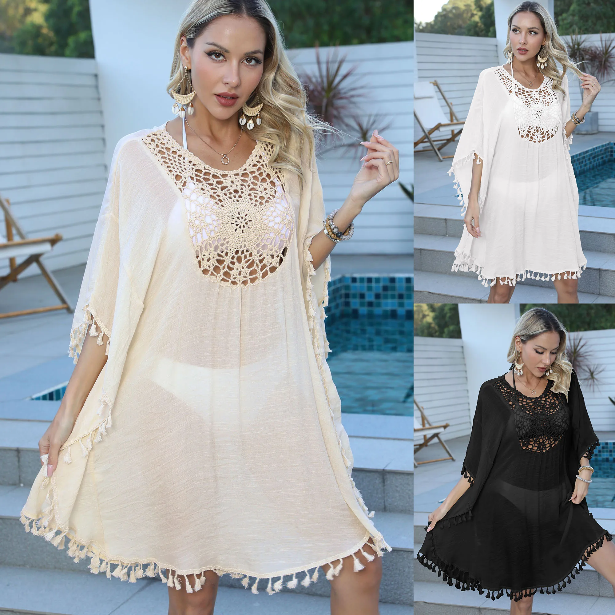 Stocks Manufacturer Women Bikini Cover Up Tassel handmade Crochet patchwork Tunic Loose Beach kimono Swimwear Blouse cover ups