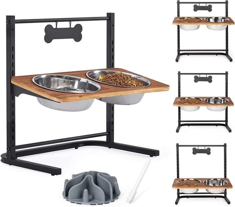adjustable  Heights Tilted Stainless Steel Raised Dog Bowls Stand Metal Food and Water Bowl for Large Medium Small Dogs and Cats