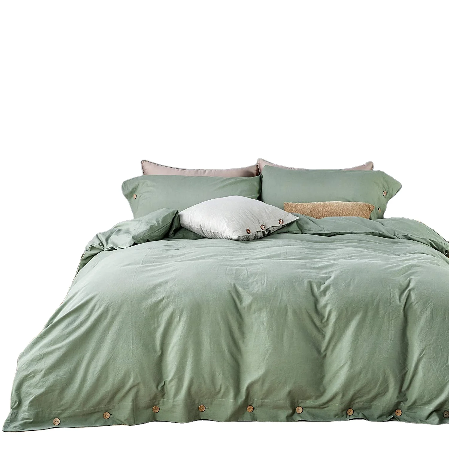 Green 100% Washed Cotton Duvet Cover Set 3 Pieces Luxury Soft Bedding Set with Buttons Closure Solid Color Pattern Duvet Cover
