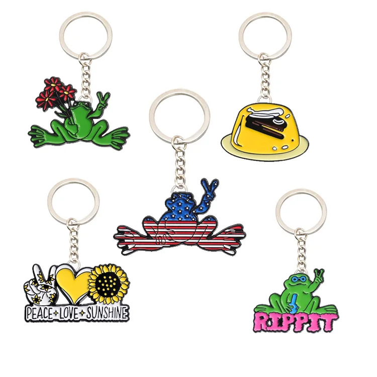 Factory Creative Hand Holding Flower Pen Yes Frog Series Brooch Striped Peace Frog Metal Badge Keyring Keychains Llavero  Key