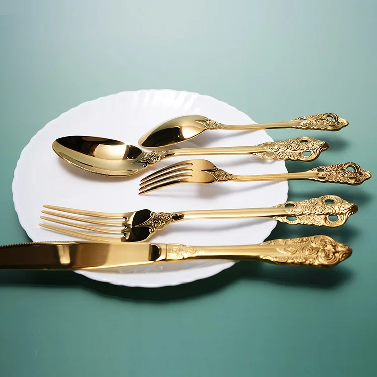18/10 Gold cutlery stainless steel luxury tableware wholesale Palace knife fork spoon Sweet Fork Sweet Spoon