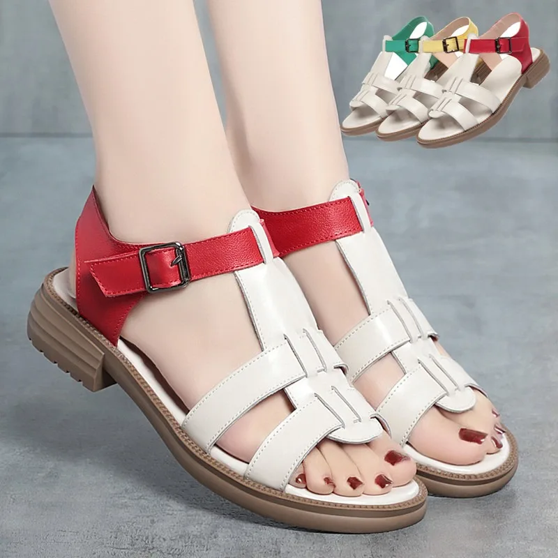 Xuanhui Summer new fashion leather soft sole comfortable non-slip rubber sole red flat sandals for women