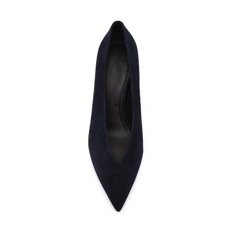 
Dark blue V shape shallow mouth suede leather ladies party pencil heel pointed toe shoes for women 
