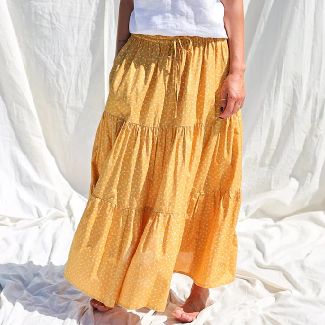 Custom Summer Vacation Beach Casual Women Elastic Waist A-line Boho Tiered Maxi Floral Skirt