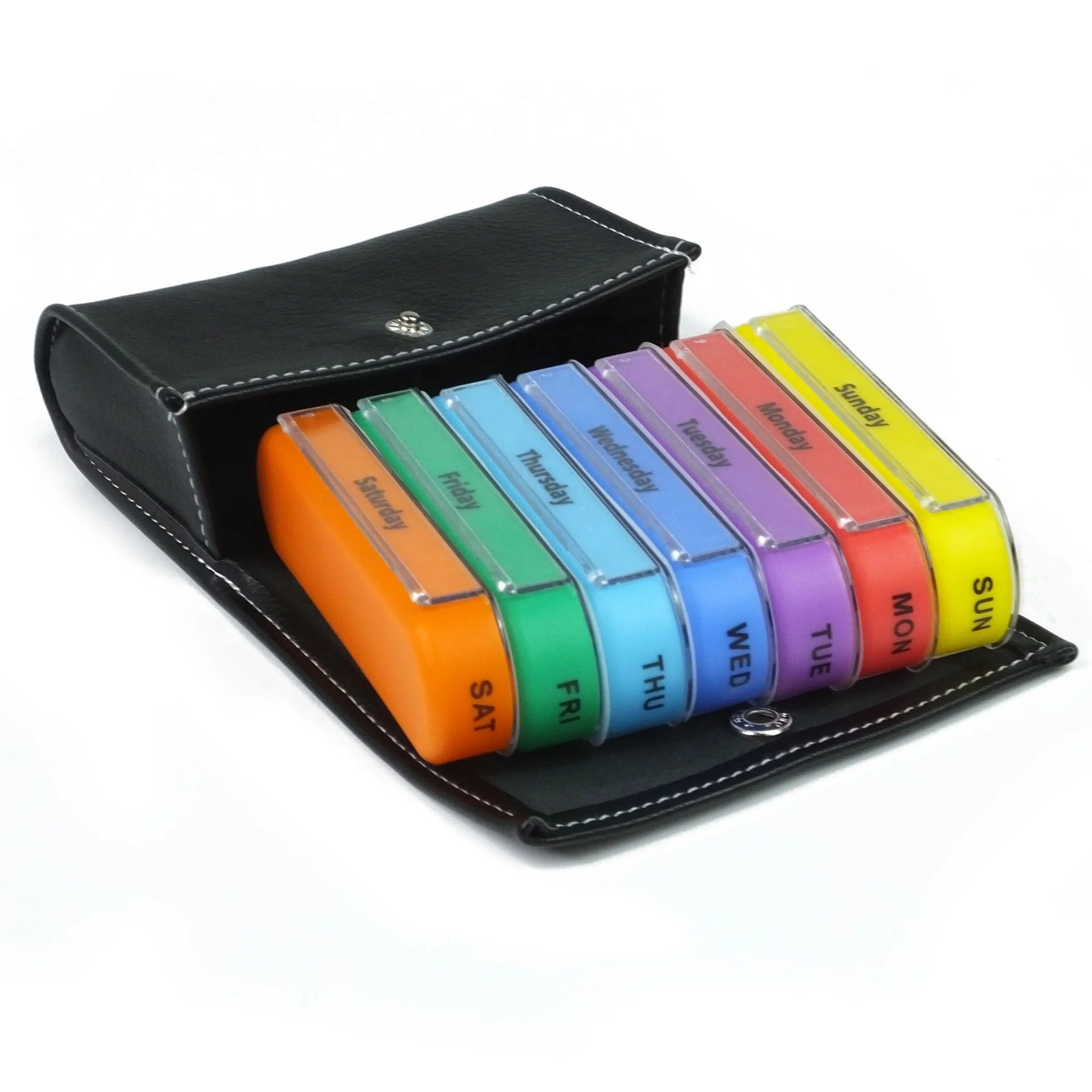 Pill Organizer Box Weekly Case Travel Medication Reminder Daily AM PM, 7 Compartments-Includes Black Leather PU Carrying Case