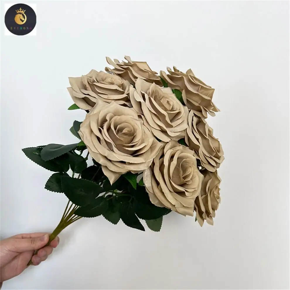 EV Wholesale 9 Head Romantic Colorful Autumn Roses Bunch of Artificial Flowers Real Touch for Wedding Decor
