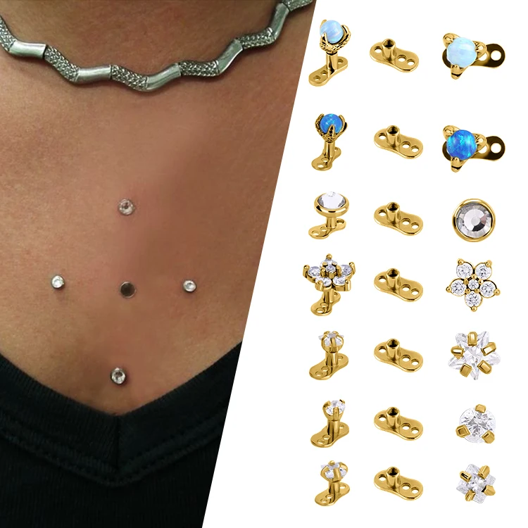 Wholesale F136 Titanium Body Piercing Jewelry Crystal Gold Plated Threaded Dermal Anchor