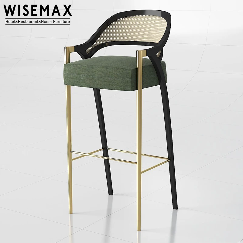 WISEMAX FURNITURE Italian Home Solid Wood Frame High Legs Bar Stool Rattan Curved Backrest Design Bar Stool With Fabric Seat