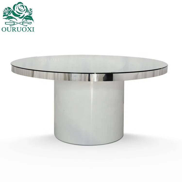 Restaurant used simple idea silver metal glass top round wedding table