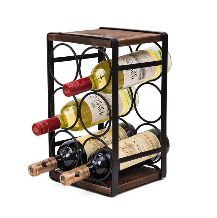 Wholesale Black Metal Wrought Iron Wood Countertop Wine Rack Six Bottle Wine Storage Racks